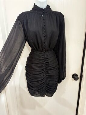 House of Harlow 1960 Black Ruched Long-Sleeve Mini Dress